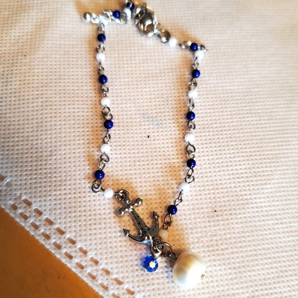 9" Silver Tone Anchor Pearl Anklet Seed Bead Style - Picture 3 of 4